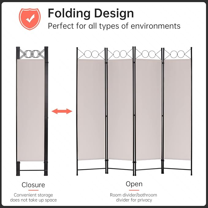 4 Panel Room Divider 6FT Steel Frame Screen Folding Privacy Divider - Image 2