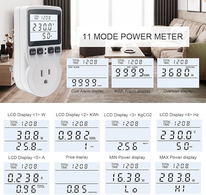 KETOTEK Watt Meter Power Meter Plug Electricity Usage Monitor, Energy Monitor with Backlight, Kilowatt Meter Socket Outlet, Voltage Amps Power Consumption Meter, Overload Protection