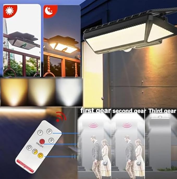 Smartyoyoka Solar Lights Clip On Solar Motion Sensor Lights with 3 Color, IP65 Waterproof Wall Lights with USB & 208LED, Portable Light for Fence, Deck, Wall, Garage, Patio (Black-3600mAh)