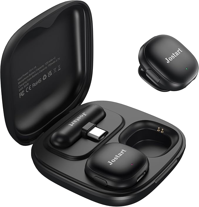 JOSTART Wireless Mini Microphone for iPhone & Android,Using AI Smart Noise Reduction Technology - Wireless Lavalier Microphone for YouTube Podcast Vlogging Tiktok-Black