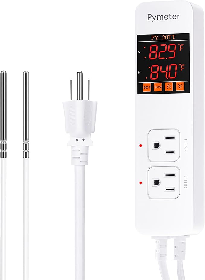 Pymeter Digital Temperature Controller Dual Probe Reptile Thermostat Controlled Outlet for Terrarium Heat Mat Heating Pad, Switch Cooling Fan Freezer Fridge ON & Off at Setpoints 10A 1200W