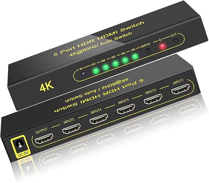 FlyroadUp HDMI Switch 4K@60Hz HDMI 2.0 Switcher 5 in 1 Out with Remote, Support Dolby Vision Dolby Atmos HDR10 HDCP2.2 CEC, Compatible with PS5/4/3 Xbox Nintendo Roku Apple TV Fire Stick