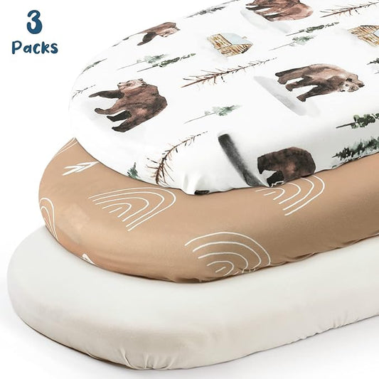GRSSDER Stretchy Ultra Soft Fitted Bassinet Sheet Set 3 Pack, Universal Fit for Bassinets Baby Cradle Moses Basket Oval Rectangle Mattress Safe and Snug, Jungle Bear/Rainbow for Baby