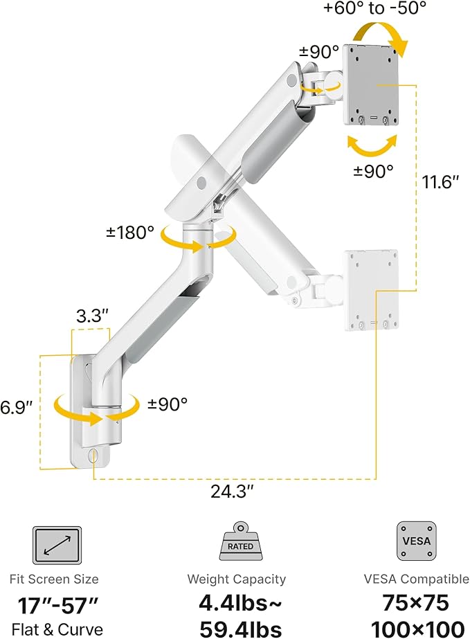 monTEK Heavy-Duty Single Monitor Wall Mount for 17-57” Ultrawide Screens up to 59.4lbs, Premium Aluminum Wall Mount Monitor Arm with Full Motion Adjustment, Pneumatic Lift, Max VESA 100x100