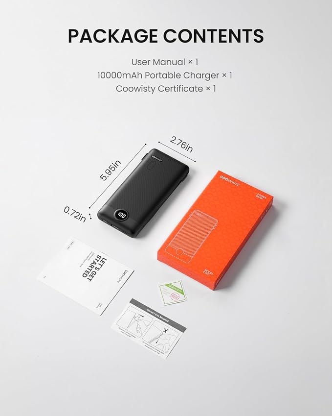 Coowisty Portable Charger with Wall Plug, Slim USB C Power Bank with Built-in Cables, 10000mah LED Display External Battery Pack Compatible with iPhone/Android & More (Black)