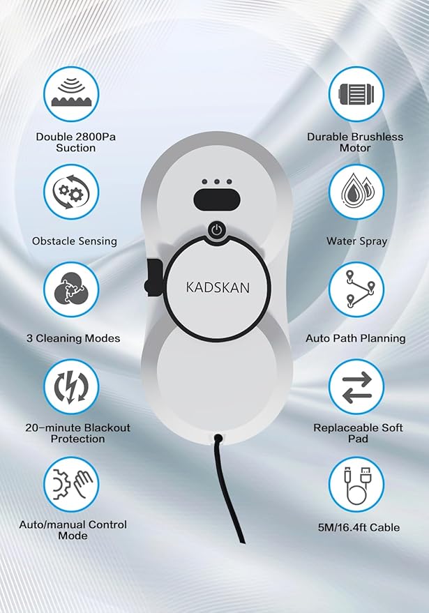 KADSKAN Window Cleaning Robot, Automatic Window Cleaner with Water Spray for Windows/Tiles/Class Door, Inside/Outside, 5600Pa Suction Power, 3.0 Path Planning, Remote Control