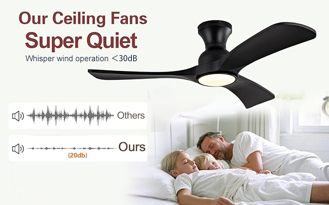 Ceiling Fans with Lights, 42 Inch Low Profile Ceiling Fan with Light, Flush Mount Celing Fan, 3CCT 3 Blades Wood Fans,Walnut Fan for Kid's Rooms Bedroom Study Garage (Black Ceiling Fan)