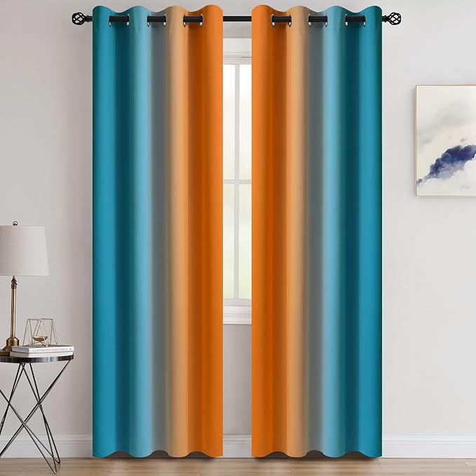 COSVIYA Grommet Ombre Blackout Orange and Blue Curtains, W52 x L96 inch | Room - Image 2