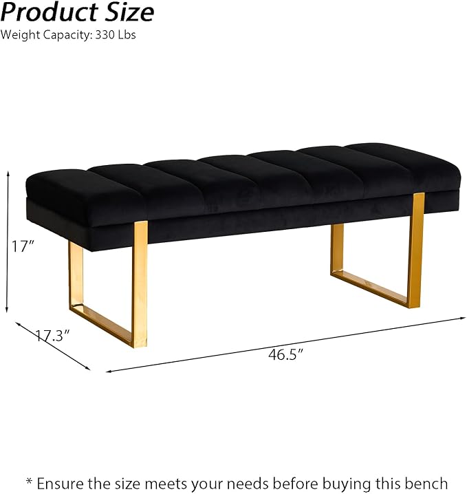 46" Velvet Black Bench with Gold Legs - Image 2