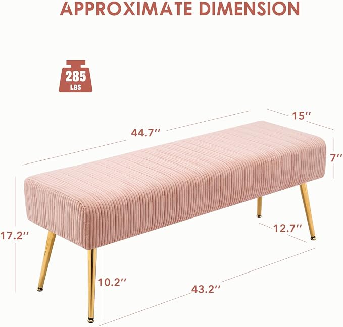 44 Inch Bedroom Bench, Modern Ottoman End of Bed Bench, Upholstered Corduroy - Image 2