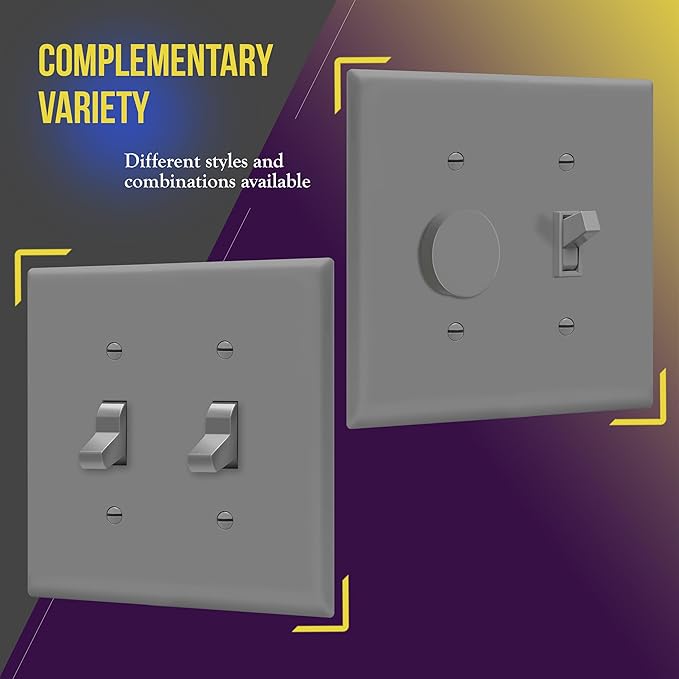 ENERLITES Double Light Switch Wall Plate, Toggle Switch Plate, Gloss Finish, 2-Gang Mid-Size 4.88" x 4.92", Unbreakable Polycarbonate Thermoplastic, UL Listed, 8812M-GY, Gray