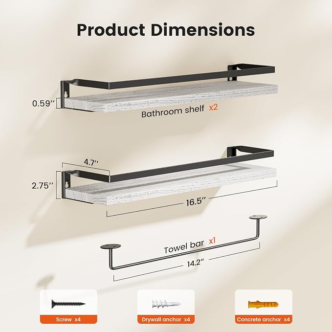 Amada Bathroom Shelves with Towel Bar, Protective Metal Guards, Paulownia Wood - Image 3