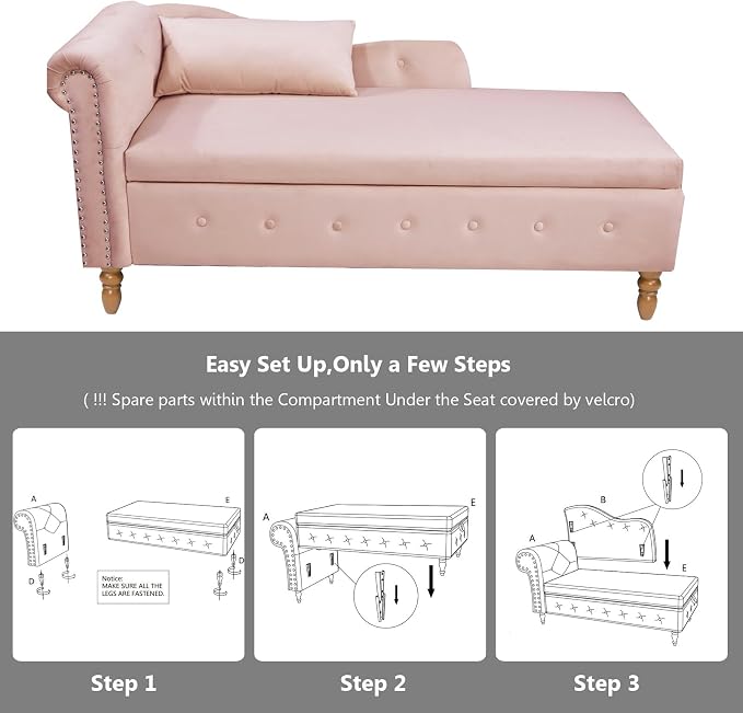 Aoowow Pink Velvet Bedroom Storage Bench End of Bed, Rolled Arm Couch Indoor - Image 4
