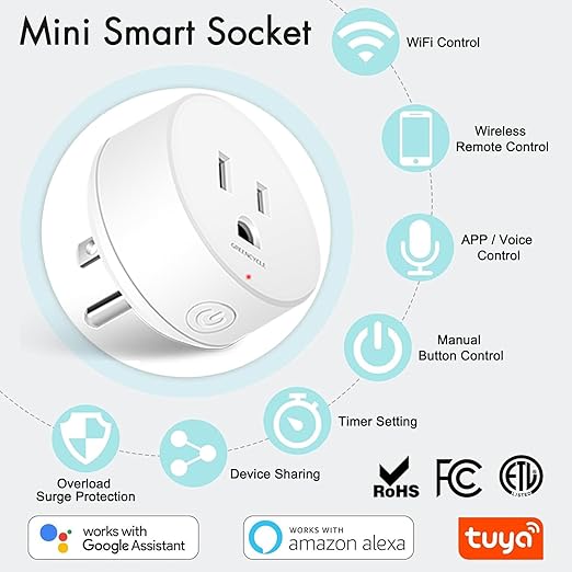 WiFi Smart Outlet Plug with Remote,GreenCycle 3 Electric Smart Plug with Remote,Compatible with Alexa and Google Home via Tuya,15A/1500W，Remote Control from Anywhere,TUV FCC List(2.4G)