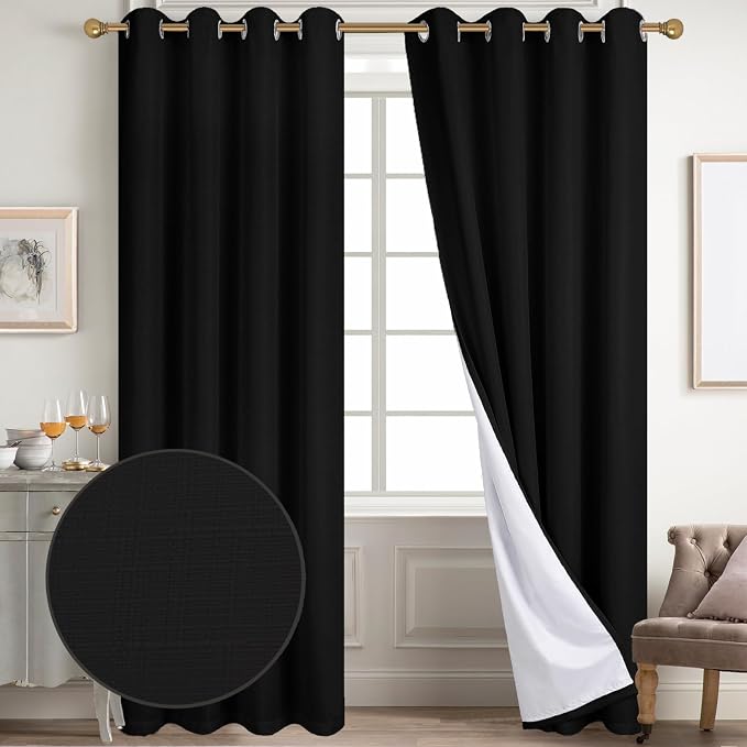 Diraysid 100% Blackout Curtains Black Linen Curtains - Image 2