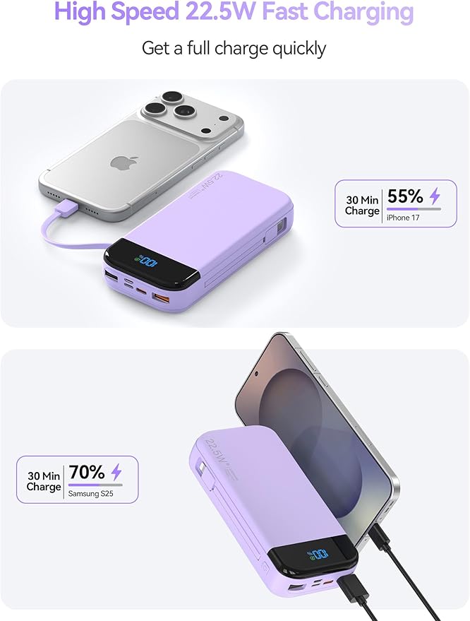 LENGSUM Portable Charger Power Bank Built-in Cables, 32000mAh 22.5W USB C Fast Charging, 5 Outputs 3 Inputs Travel Essentials Battery Pack Compatible with iPhone, iPad, Samsung, Google Pixel, Purple