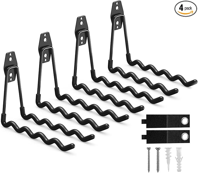 CRXCRC Garage Hooks, 4 Pack Wave Hooks for Hanging Heavy Duty Ladders, Bikes, Tools Ideal for Garage, Garden, Basement Utility Room Storage (Black)