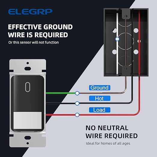 ELEGRP Occupancy Motion Sensor Light Switch, PIR Infrared Motion Activated Wall Switch, No Neutral Wire, Single Pole for CFL/LED/Incandescent Bulb, Wall Plate Included, UL Listed (2 Pack, Matte Black)