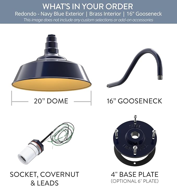 Steel Lighting Co. Large Outdoor Barn Light | Gooseneck Light Fixture | Made in America from 18-Gauge Steel | 20" Dome | 16" Gooseneck Navy Blue Exterior/Brass Interior