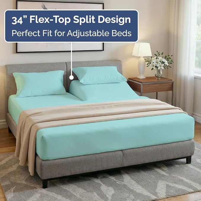 Split Head King Sheet Set – 4 Piece Flex Split Top King Sheets for Adjustable Beds - Fits 14” to 16" Mattress w/ Deep Pockets - Soft, Breathable & Cooling - Luxury Bedding and Wrinkle Free - Spa Blue