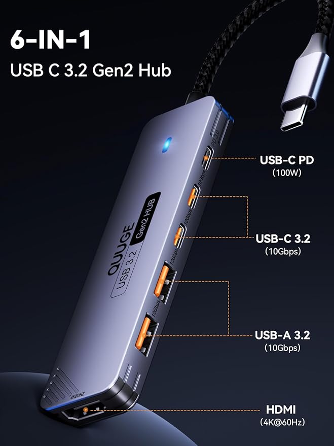 QUUGE USB C Hub 10Gbps, 6-in-1 Aluminum Multiport Adapter for Laptops, 4K@60Hz USB C to HDMI Adapter with 100W PD, 2 USB-A & C 3.2 Data Ports, 30cm Nylon Cable for MacBook Air/Pro, iPad, Thinkpad, XPS