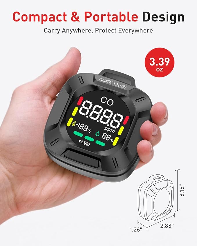 Portable Carbon Monoxide Detector Travel, Rechargeable 3-in-1 CO, Temperature & Humidity Meter, 240h Standby,Custom Alarm Thresholds, with Magnetic Back,for Hotel,Home,Camping for Car RV(Black)