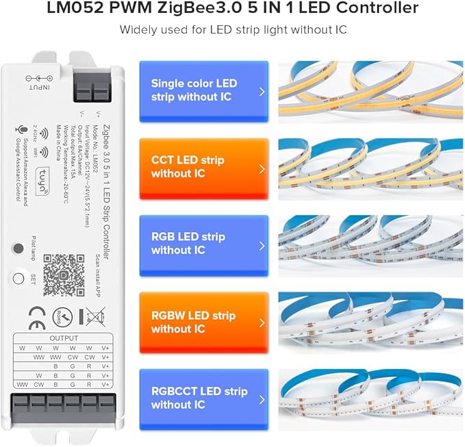 FCOB 5in1 LM052 Tuya Zigbee3.0 LED Controller Support Monochrome CCT RGB RGBW RGBCCT PWM LED Strip Compatible with Echo Plus Echo(4th Gen) Philip H-UE Home-kit Gateway Work with WR01RF WR02RF etc