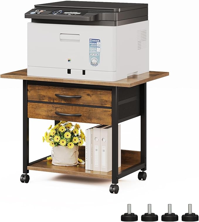 VENNQD Large Printer Stand with Storage Fabric Drawer Under Desk Printer Table with Wheels for Home Office, Printer Cart fit Fax Machine Scanner 23.4"x15.7"(Rustic Brown, 2 Tiers)