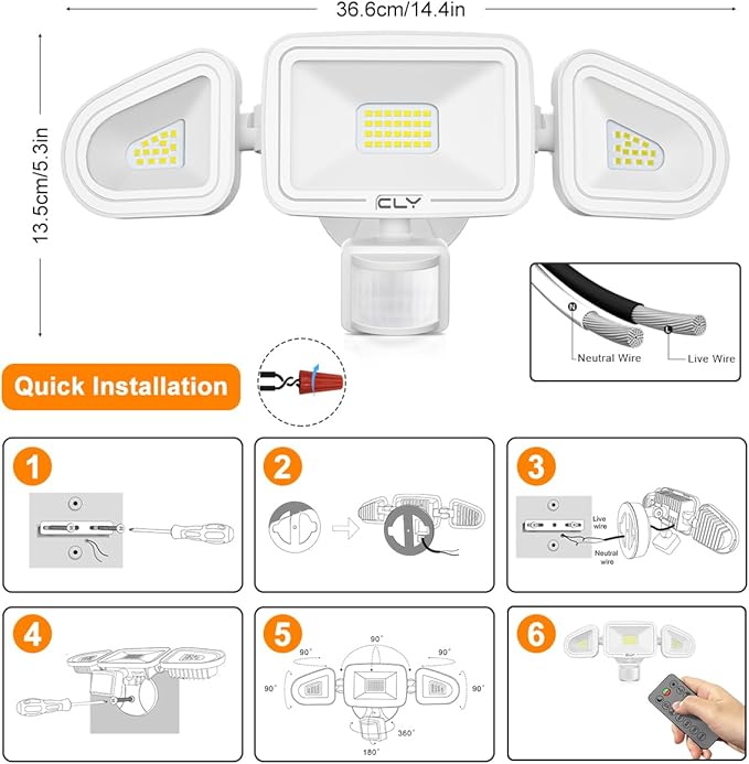 CLY 42W LED Security Lights Motion Sensor Light, 3600LM 5000K, IP66 Waterproof Outdoor Flood Lights, Adjustable Brightness 3 Head Floodlight Remote Control 4 Modes for Garage Yard Eave -White