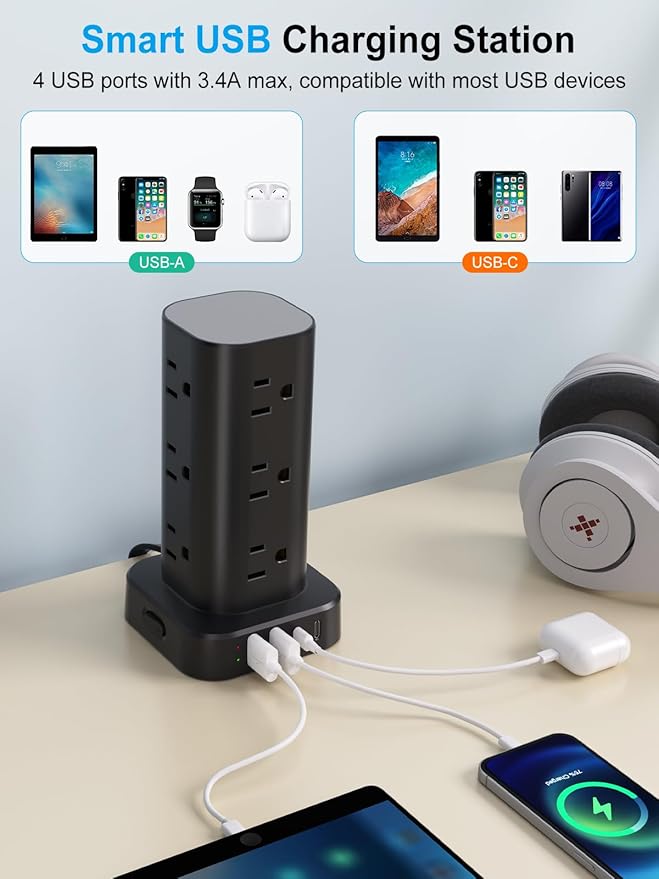 Power Strip Tower with Multiple Outlets, Flat Plug Surge Protector Tower Extension Cord with 12 AC Outlets 4 USB Ports (2 USB C), 6FT Cord Power Tower Surge Protector for Home Office Dorm Room, Black