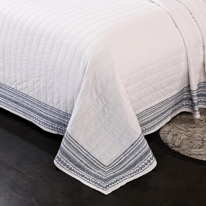 ROOMLIFE 100% Cotton Quilt Set King Embroidery Geometric Pattern 3-Piece | - Image 2