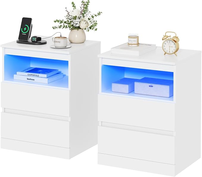 Nightstands Set of 2 with Charging Station, LED Lights and Drawer, Sofa Side by Draelibor