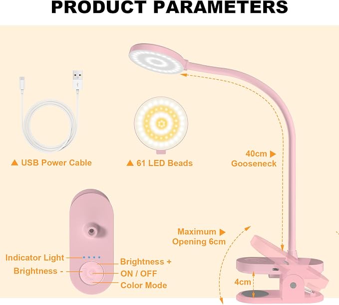 Rechargeable Clip on Light for Bed, Cute LED Reading Lamp for Girls Dorm Room - Image 8