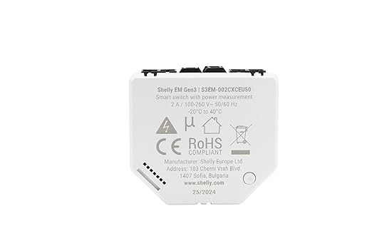 Shelly EM Gen3 + 50A Clamp, Wi-Fi-Operated Smart Energy Meter and Contactor Control Relay Switch, Works with Alexa, Home Assistant, Google Home, Electricity Usage Monitor, Real-Time Energy Tracking