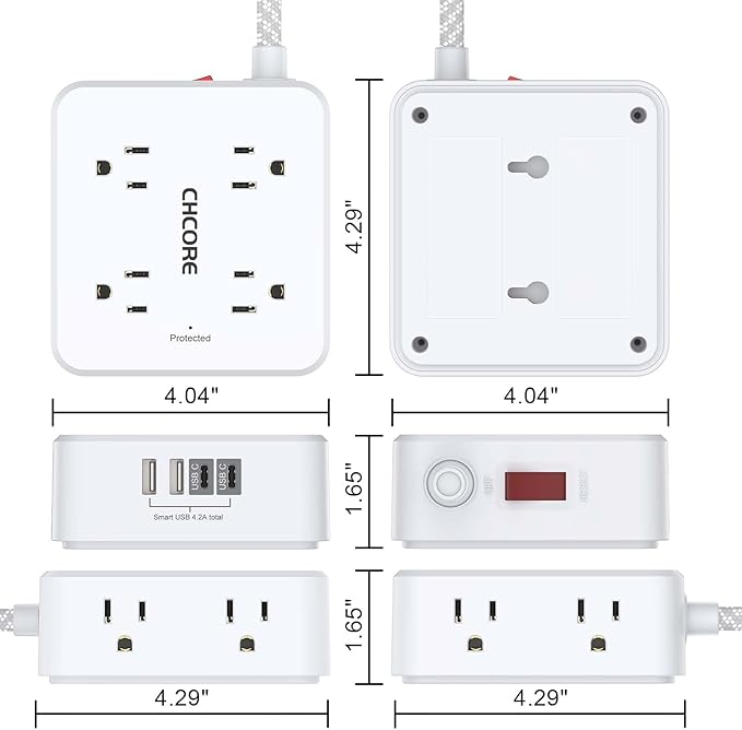 Surge Protector Power Strip - CHCORE 10 Ft Braided Extension Cord with 8 Outlets with 4 USB (2 USB C) Charging Ports, Flat Plug Multi Plug Outlet Extender Charging Station for Home Office, ETL, White