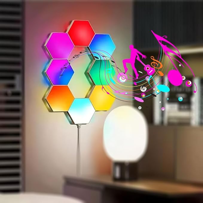 Vcwtty Hexagon Lights Wall Panels, Smart LED Wall Lights with APP, DIY Modular Assembled Music Sync RGB Gaming, Hex Light with USB-Power for Autism, Game Room Decor, Party (6-Pack)