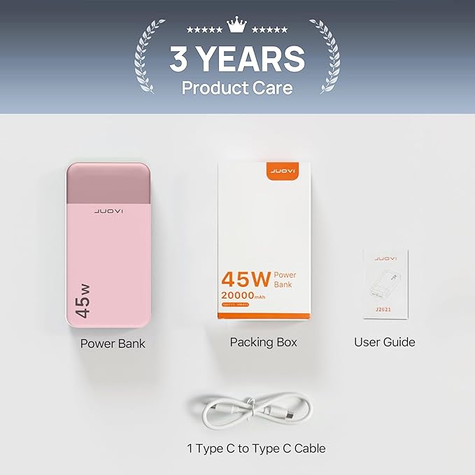 JUOVI J2621 Power Bank Portable Charger,20000mAh 45W PD3.0 QC 4.0 Fast Charging Battery Pack with LED Display,2 USB-C,2 USB-A for iPhone 15 16, MacBook (Pink)