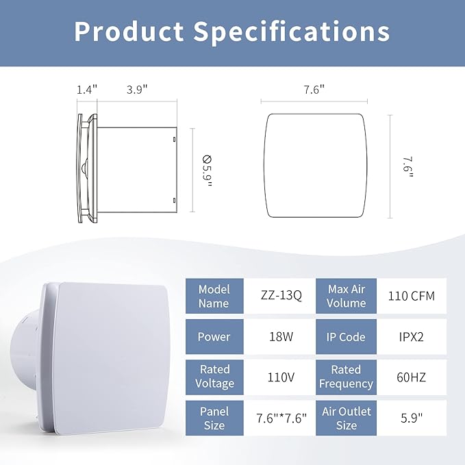 Zeyzer Exhaust Fan 110 CFM 1.0 Sones 5.9" Duct White Square Quiet Powerful Ceiling or Wall-Mount Ventilation Fan for Bathroom/Corridor/Office/Laundry Room/Shop