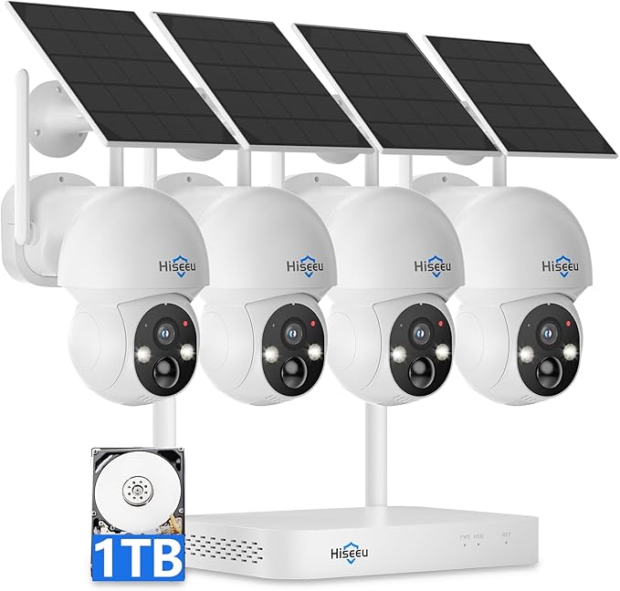 Hiseeu Solar Camera Wireless Outdoor, Home Security Camera System, 2.4G & 5G WiFi, Solar-Powered 4MP 4 Cam-Kit, Color Night Vision, 360° View, Pan & Tilt, 1TB HDD Local Recording, No Subscription