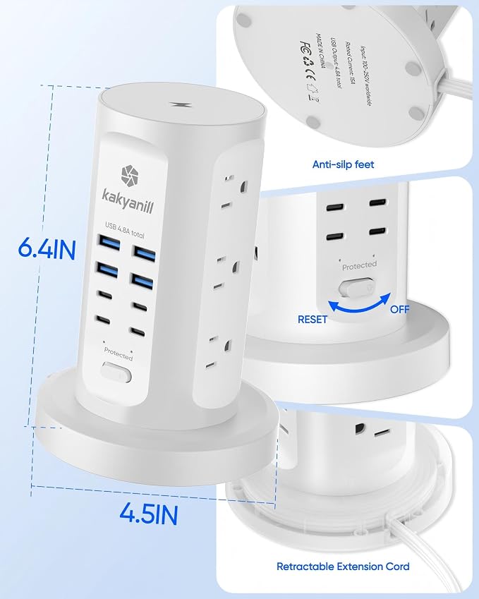 Power Strip Tower, kakyanill Charging Station 9 AC Outlets 8 USB Ports | 6 Ft - Image 7