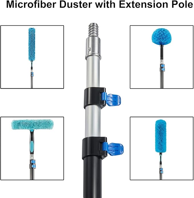 Hicavar 20 Foot High Ceiling Fan Duster with 5-12 Foot Extension Pole, Extendable Reusable Cobweb, Feather, Window Cleaning Squeegee Kit Blue