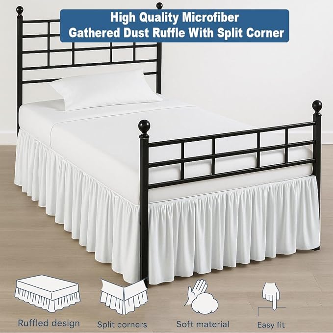 Ruffled Bed Skirt Twin Split Corners with Platform Tailored Fit Hotel Quality Wrinkle Free Ultra-Soft Microfiber Dust Ruffle, Upto 21 Inch Drop Twin Size White