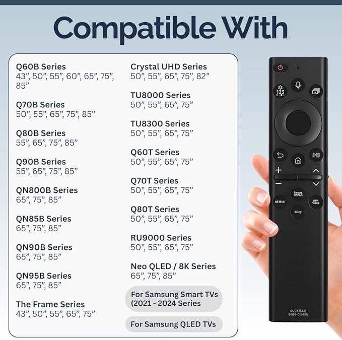 BN59-01385A Samsung TV Remote Control Replacement for Smart TV - Easy Setup, Universal Bluetooth/IR Voice Remote, Solarcell - Works with Samsung QLED, Frame, Crystal UHD, 4K, & LED Smart TVs