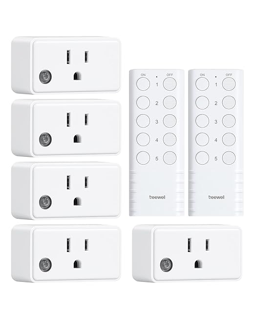 TREEWELL Remote Control Outlet, 200FT Long Range Wireless Light Switch, Mini Remote Outlet Plug, 15A/1875W High-Power for Lamps, Lights, Household Appliances, FCC & ETL Listed (5 Outlets + 2 Remotes)