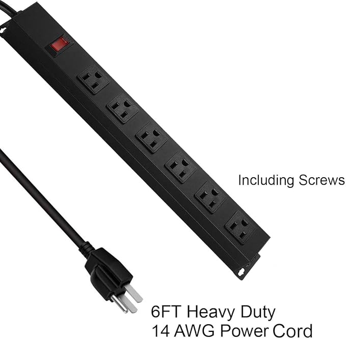 Metal Wall Mount Power Strip, Mountable Power Outlet with 6 AC Outlets, Aluminum Alloy Mount Power Socket with Switch, 6 FT SJT 3/C 14AWG Power Cord, 15A 125V 1875W (6AC) Black