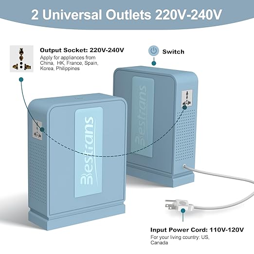 BESTRANS 2000W Step Up Transformer 110v to 220v Converter, Heavy Duty Voltage Converter 110v-120v to 220v-240v with Dual Outlets, Overload Protection & Ultra-Quiet for Home Appliances, Light Blue