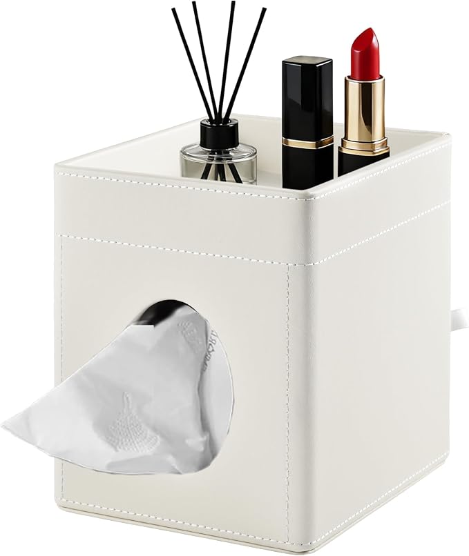 Tissue Box Cover with Storage Tray Square Tissue Box Holder PU Leather Facial by XNONE