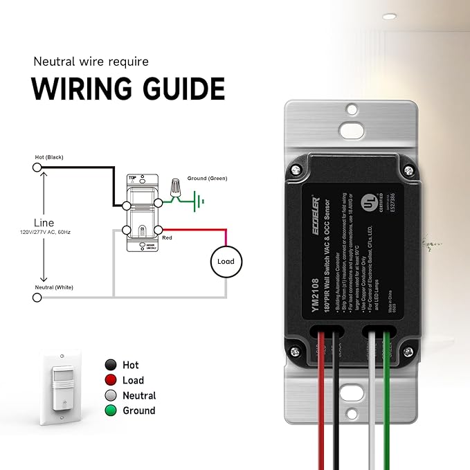 ECOELER 10Pack Occupancy Motion Sensor Light Switch, PIR Infrared Motion Activated Wall Switch, Neutral Wire Require, Single Pole Sensor Switch for CFL/LED/Incandescent Bulb, UL Listed