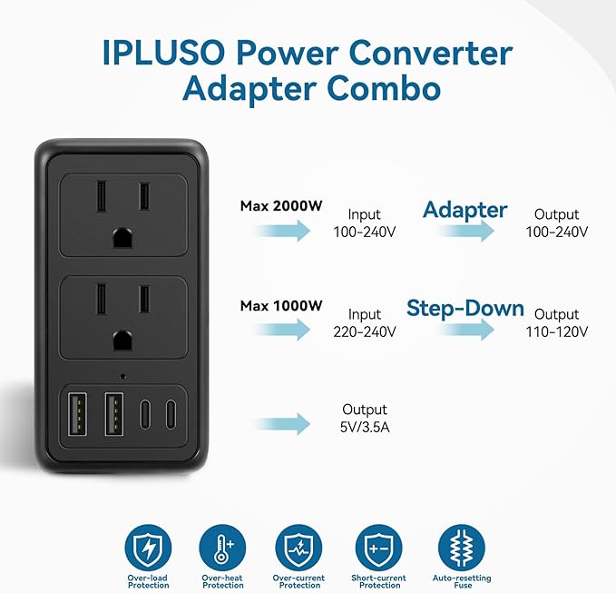 Upgraded 2000W 220V to 110V Voltage Converter US to Europe Travel Adapter for Hair Dryers with Fast Charging International Travel Adapter