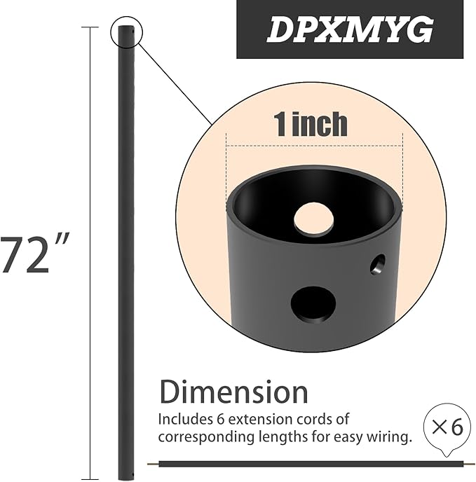 DPXMYG 72 inch Ceiling Fan Downrod with Extension Cord, 6 FT Black Downrod for Ceiling Fan, 1 inch Outside Diameter, Ceiling Fan Boom Suitable for a Wide Range of Fans (Black, Not Threaded)